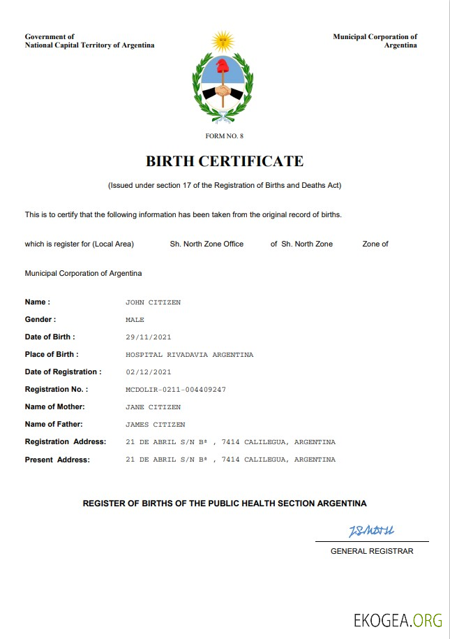 Modèle Word et PDF d'acte de naissance en Argentine